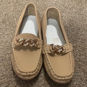 Beige Loafers with Gold Chain Accent